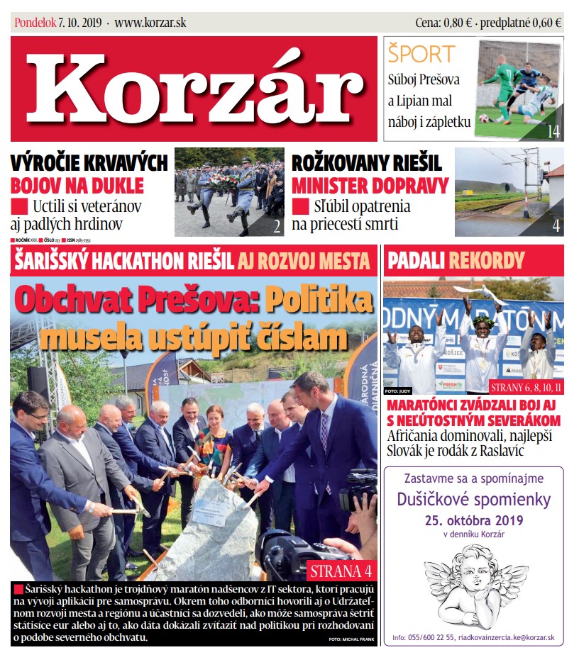 Titulka v denníku Korzár